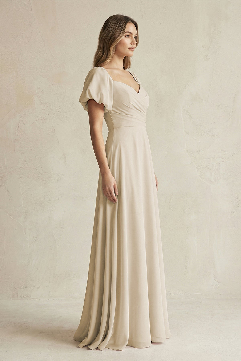 Sweetheart Puff Sleeve A-Line Chiffon Bridesmaid Dress in Champagne - SHE IS ME BRIDESMAID DRESSES