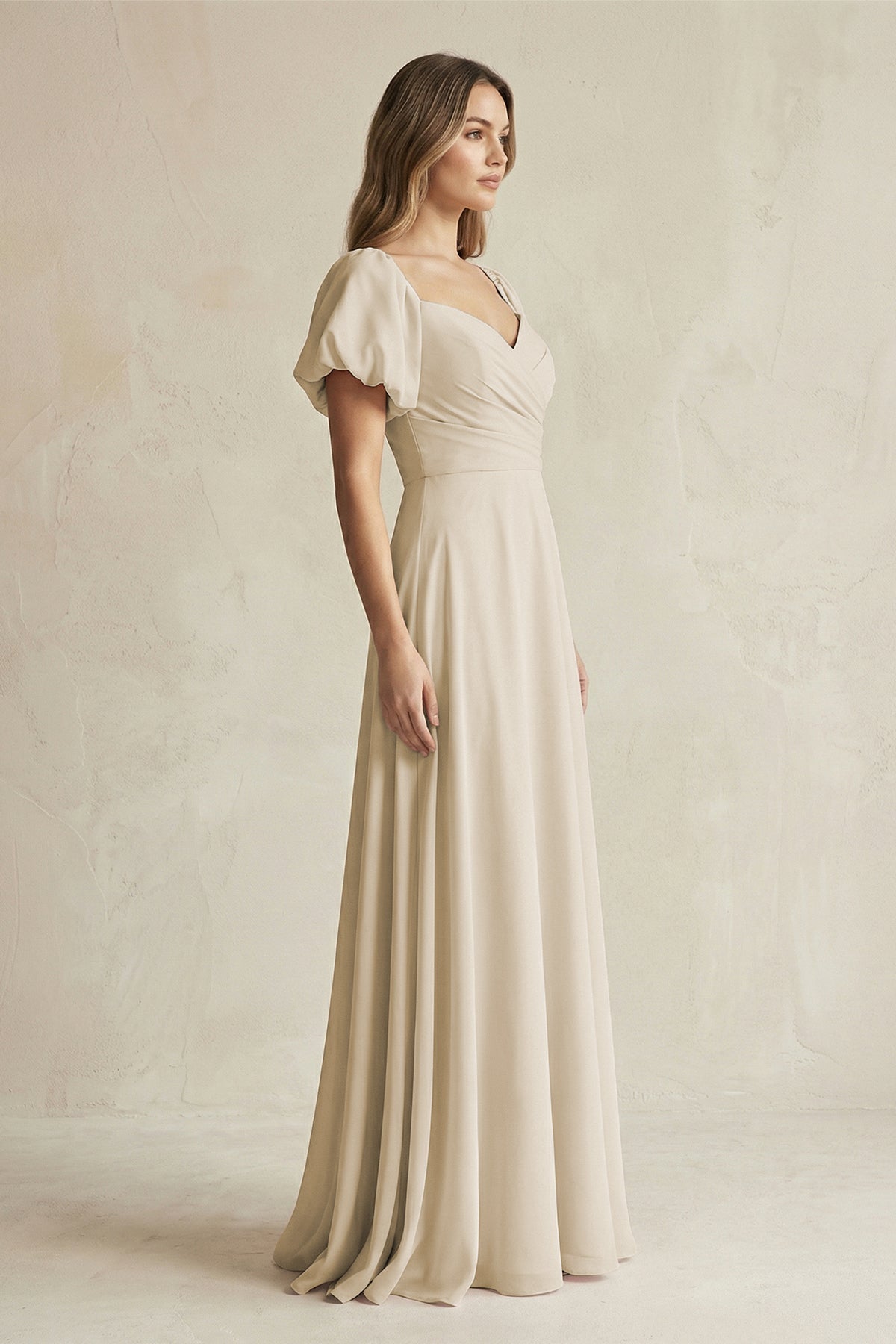Sweetheart Puff Sleeve A-Line Chiffon Bridesmaid Dress in Champagne - SHE IS ME BRIDESMAID DRESSES