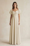 Sweetheart Puff Sleeve A-Line Chiffon Bridesmaid Dress in Champagne - SHE IS ME BRIDESMAID DRESSES