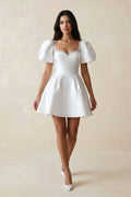 Sweetheart Puff Sleeves Satin A - Line Wedding Dress in White - SHE IS ME Wedding Dresses