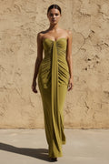 Sweetheart Ruched Wrap Maxi Dress in Olive - SHE IS ME PROM DRESSES