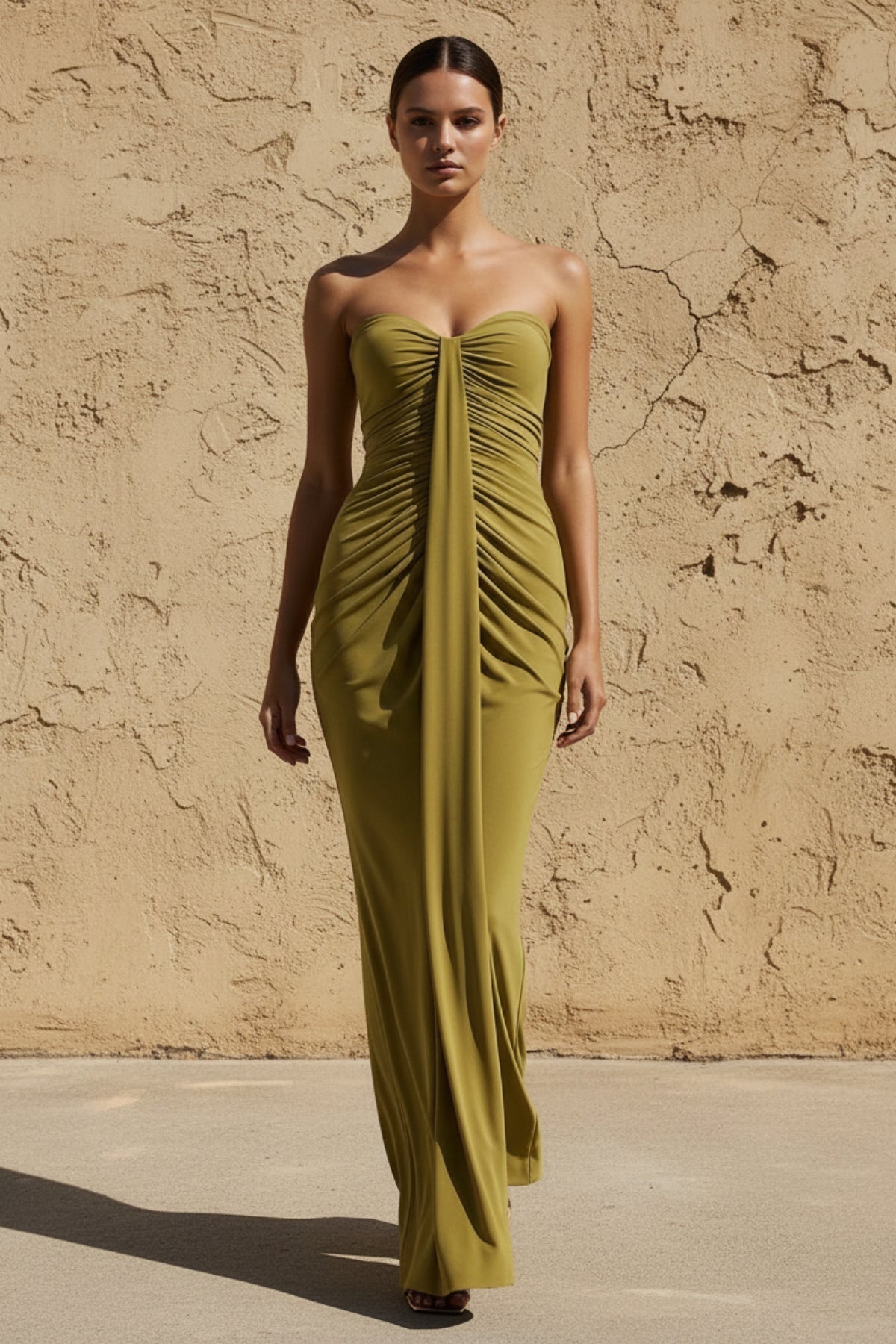 Sweetheart Ruched Wrap Maxi Dress in Olive - SHE IS ME PROM DRESSES
