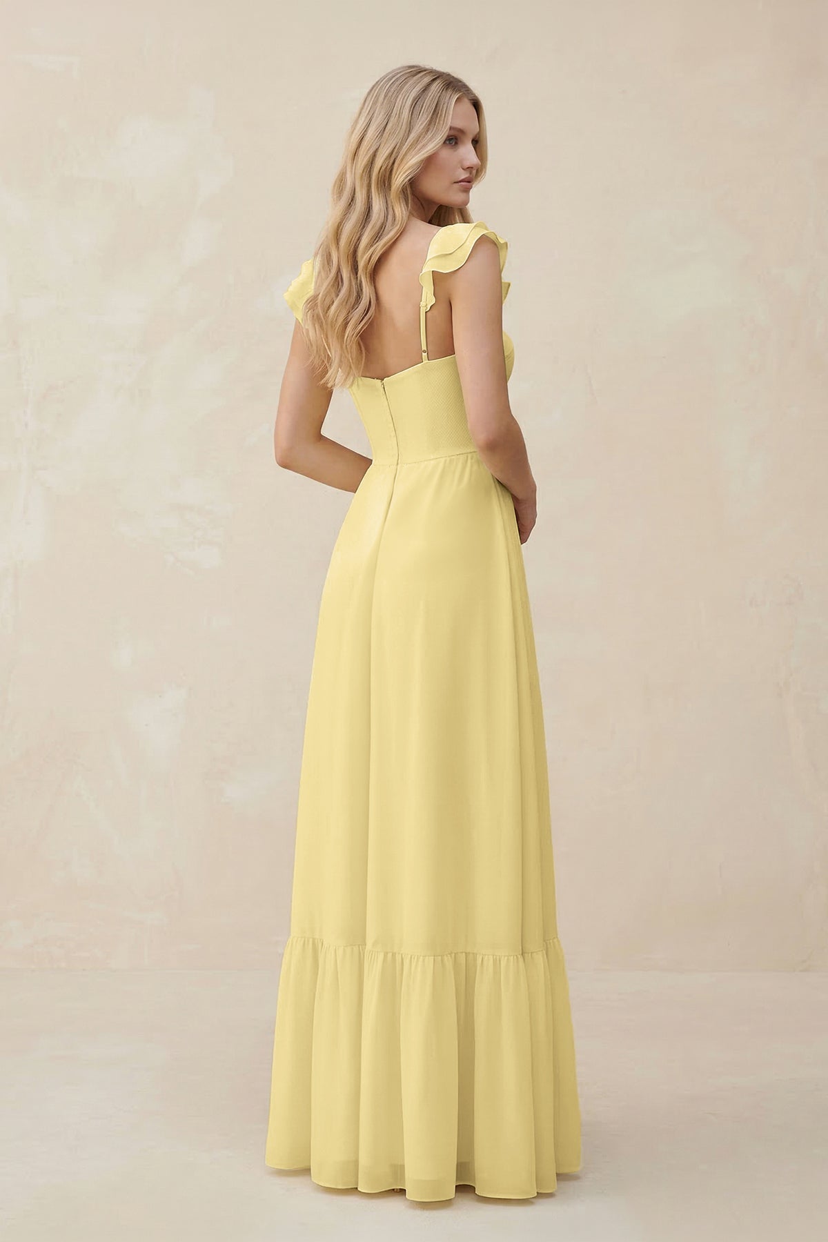 Sweetheart Ruffled Sleeve A - Line Chiffon Bridesmaid Dress in Pastel Yellow - SHE IS ME Bridesmaid Dresses