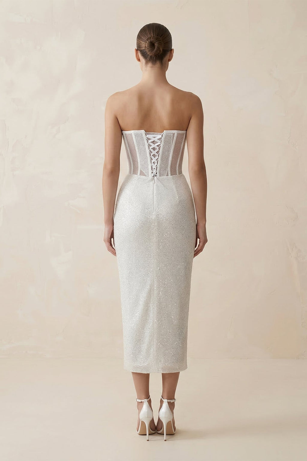 Sweetheart Sheath Sequined Corset Wedding Dress in White - SHE IS ME Wedding Dresses