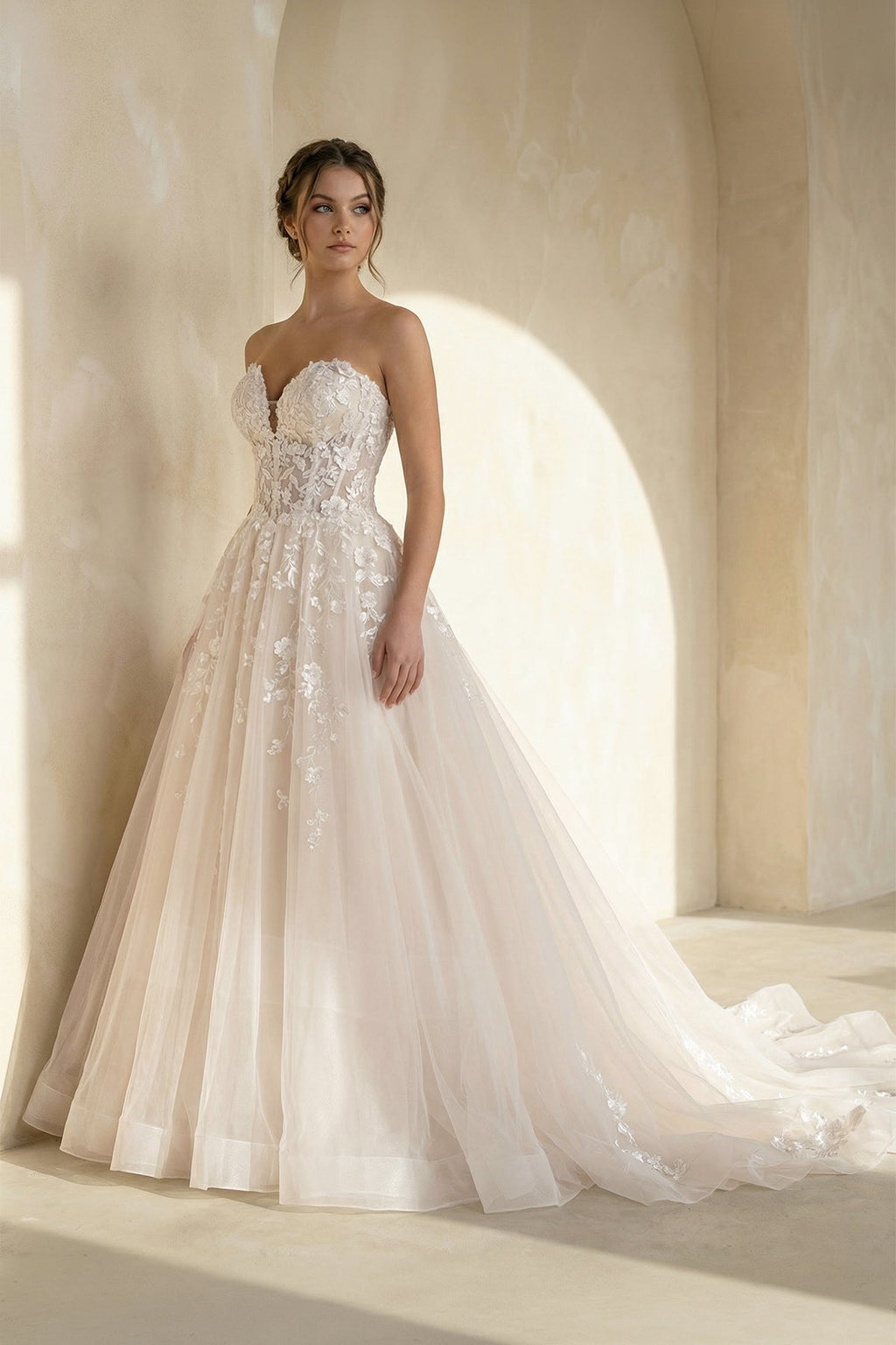 Sweetheart Tulle Ball Gown With Appliques in White and Nude - SHE IS ME Wedding Dresses