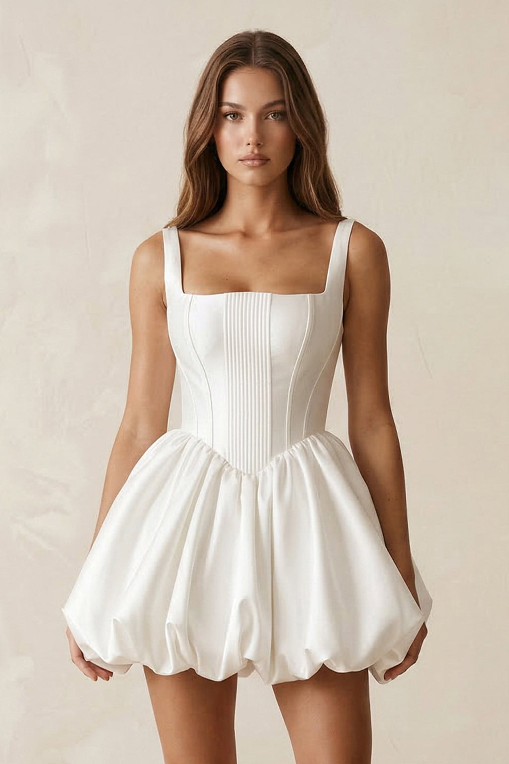 Taffeta A - line Square Neck Mini Wedding Dress in White - SHE IS ME Wedding Dresses