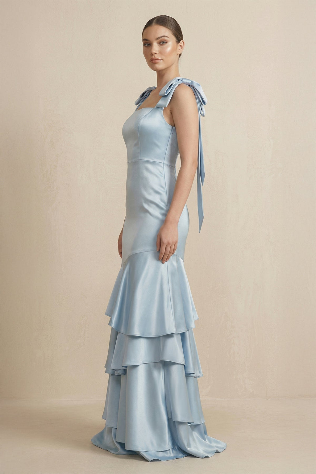 Tiered Maxi Satin Bridesmaid Dress with Bow Straps - SHE IS ME Bridesmaid Dresses