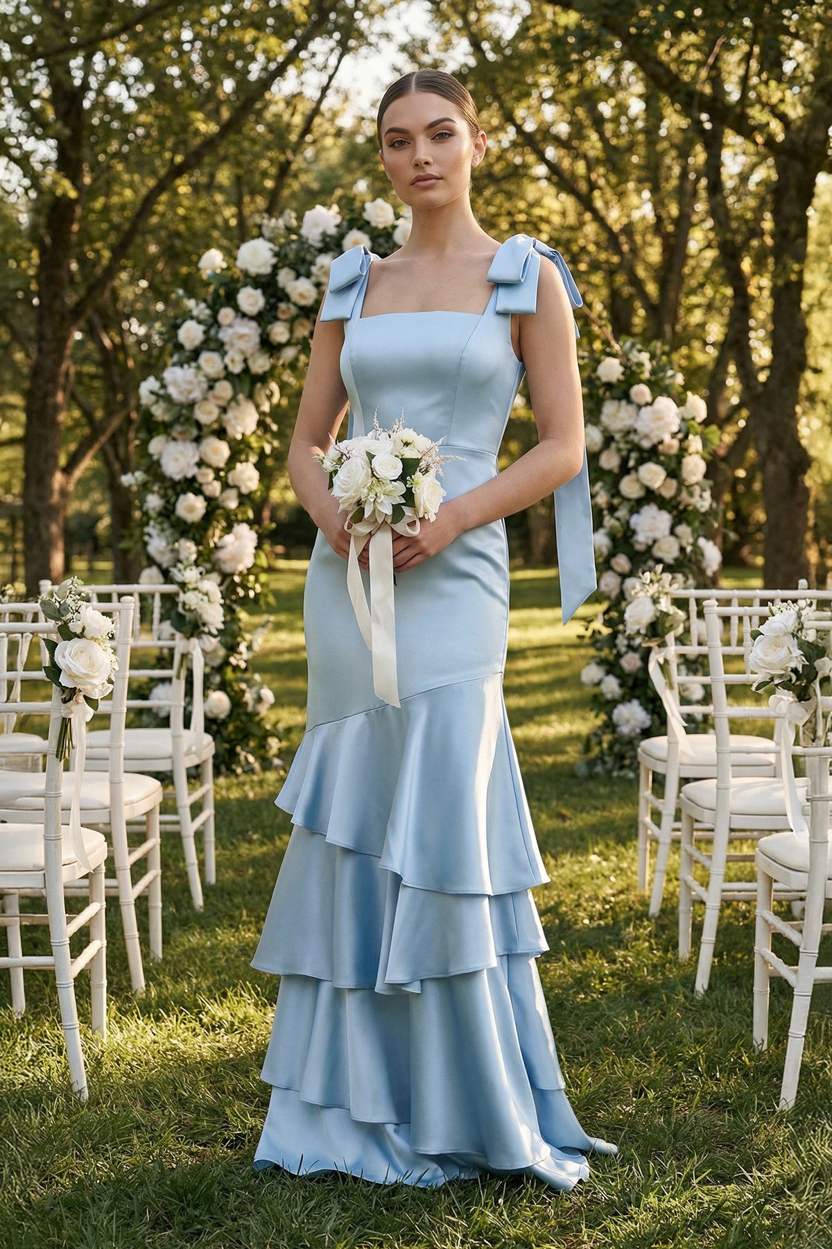 Tiered Maxi Satin Bridesmaid Dress with Bow Straps - SHE IS ME Bridesmaid Dresses