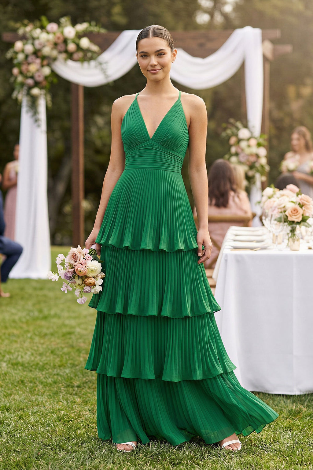 Tiered Pleated V - Neck A - Line Chiffon Bridesmaid Dress - SHE IS ME Bridesmaid Dresses