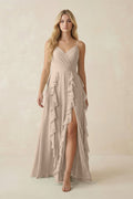 Tiered Ruffle A - Line Chiffon Bridesmaid Dress in Almond - SHE IS ME Bridesmaid Dresses