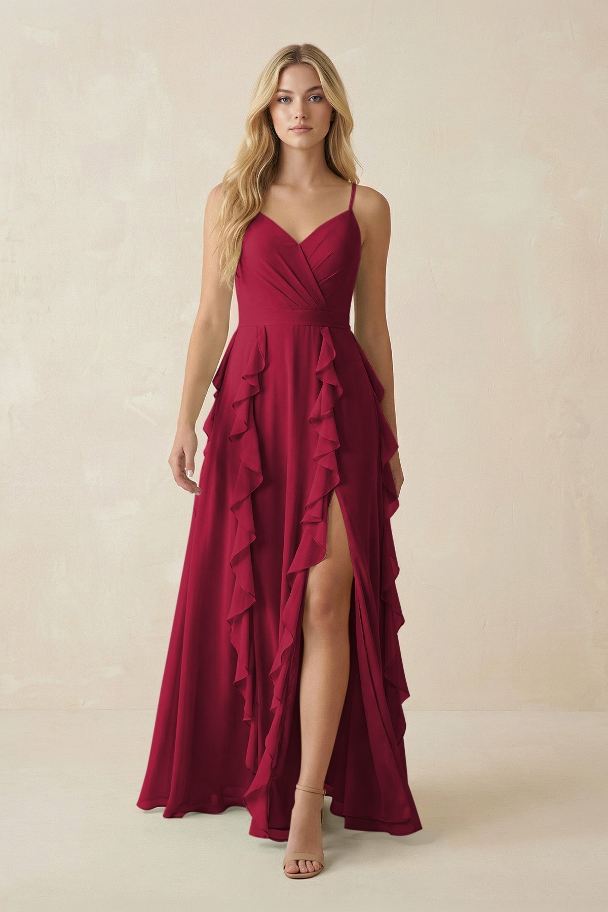 Tiered Ruffle A - Line Chiffon Bridesmaid Dress in Berry - SHE IS ME Bridesmaid Dresses