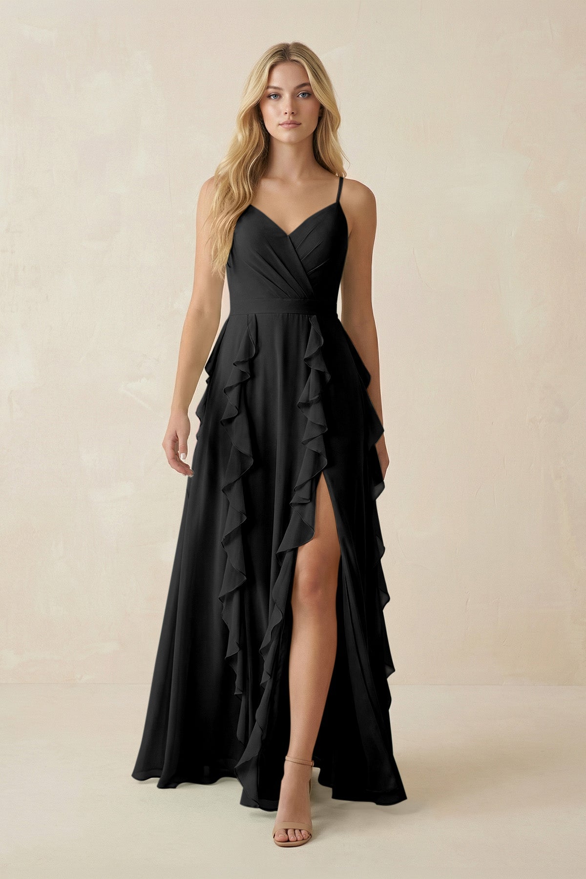 Tiered Ruffle A - Line Chiffon Bridesmaid Dress in Black - SHE IS ME Bridesmaid Dresses