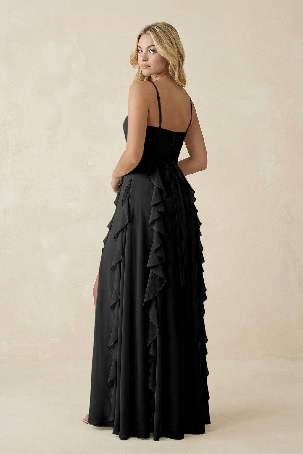 Tiered Ruffle A - Line Chiffon Bridesmaid Dress in Black - SHE IS ME Bridesmaid Dresses