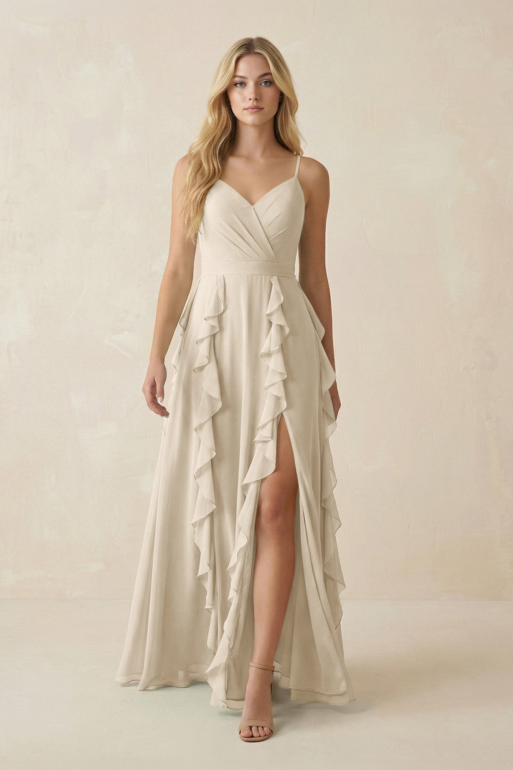 Tiered Ruffle A - Line Chiffon Bridesmaid Dress in Champagne - SHE IS ME Bridesmaid Dresses