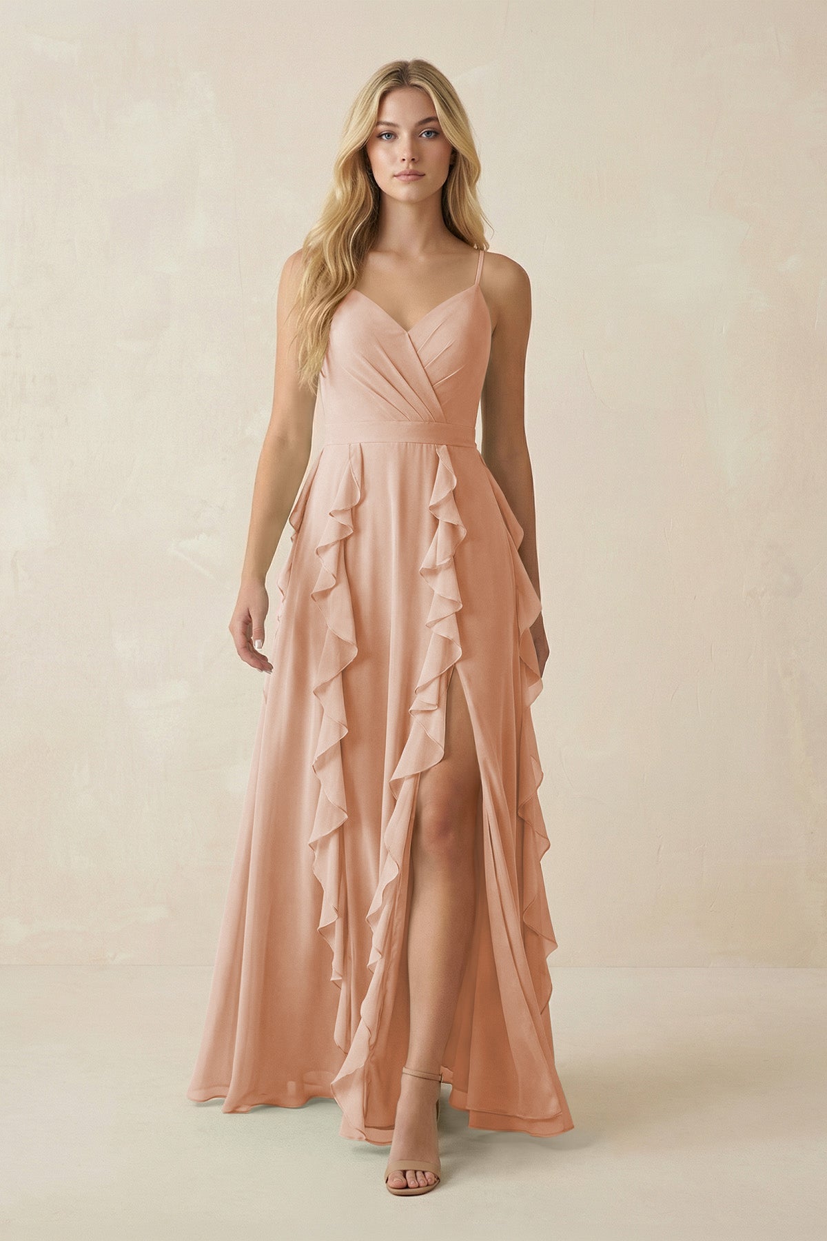 Tiered Ruffle A - Line Chiffon Bridesmaid Dress in Champagne Rose - SHE IS ME Bridesmaid Dresses
