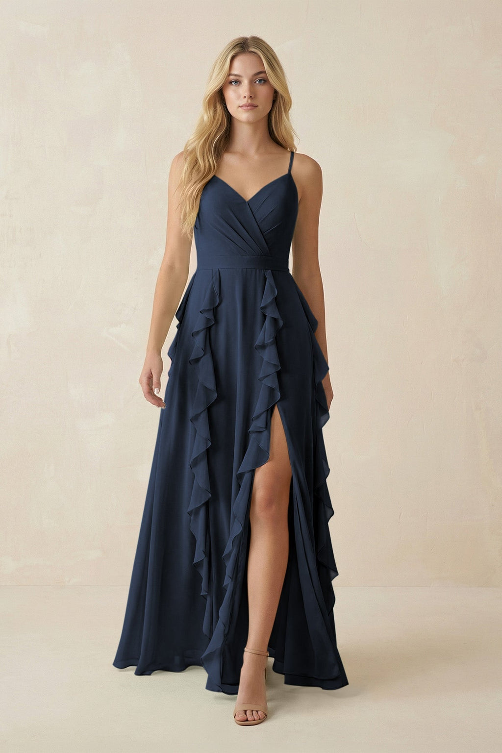 Tiered Ruffle A - Line Chiffon Bridesmaid Dress in Dark Navy - SHE IS ME Bridesmaid Dresses