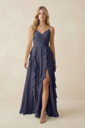 Tiered Ruffle A - Line Chiffon Bridesmaid Dress in Dusk Blue - SHE IS ME Bridesmaid Dresses
