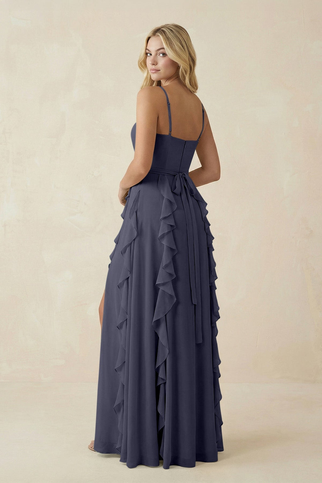 Tiered Ruffle A - Line Chiffon Bridesmaid Dress in Dusk Blue - SHE IS ME Bridesmaid Dresses
