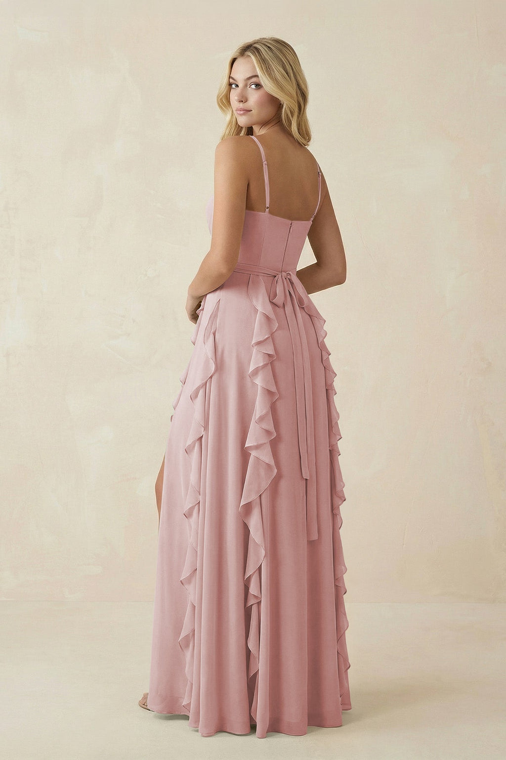 Tiered Ruffle A - Line Chiffon Bridesmaid Dress in Dusty Rose - SHE IS ME Bridesmaid Dresses