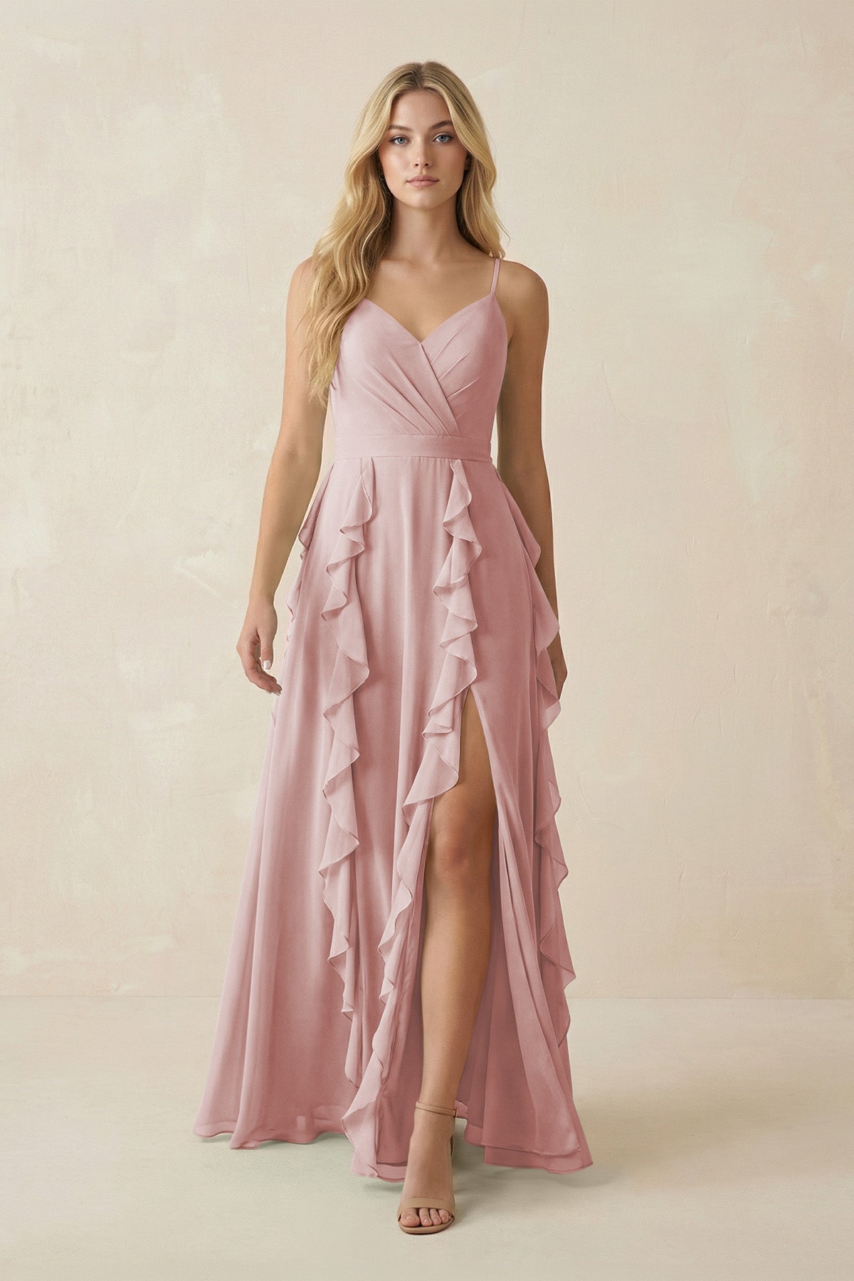 Tiered Ruffle A - Line Chiffon Bridesmaid Dress in Dusty Rose - SHE IS ME Bridesmaid Dresses