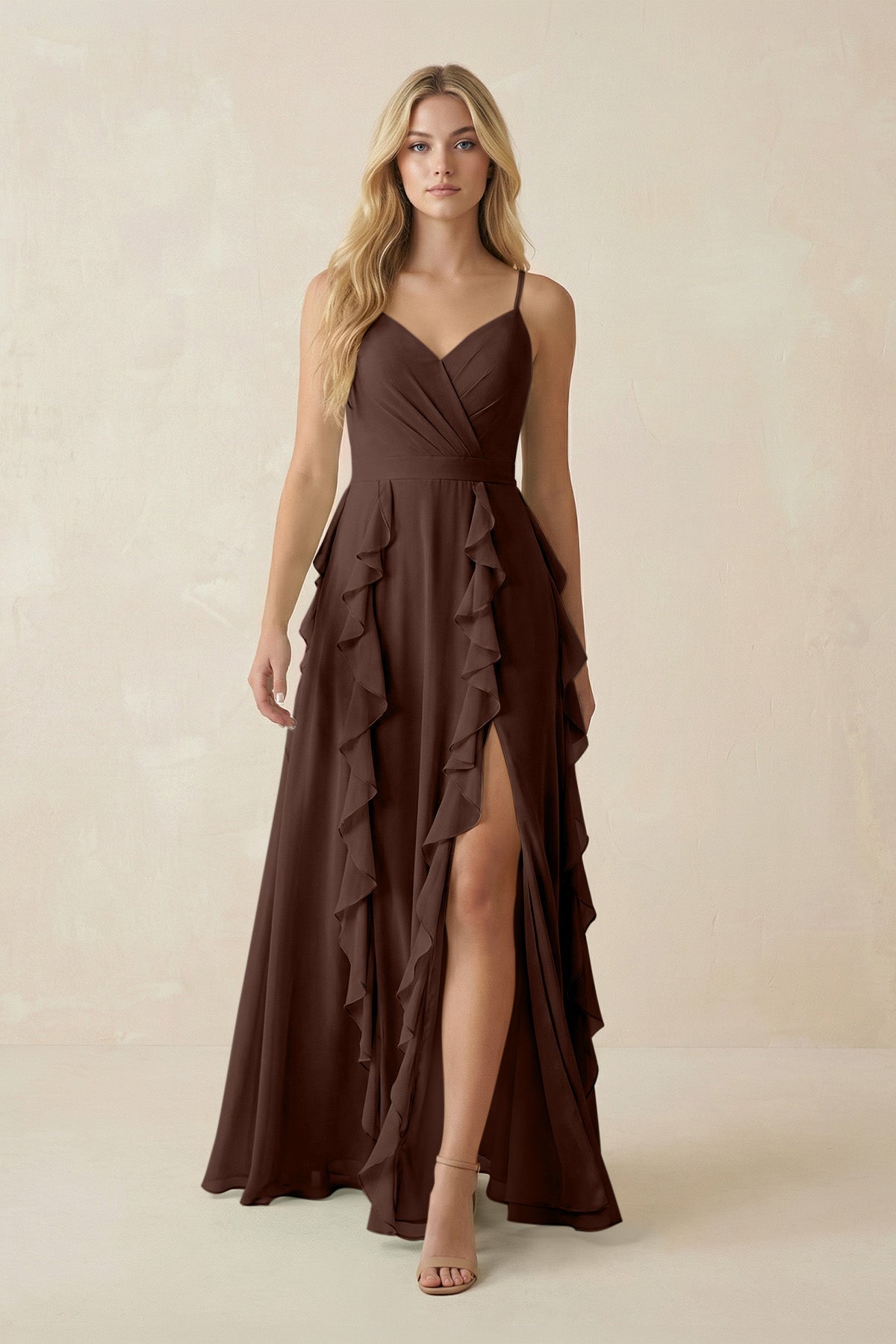 Tiered Ruffle A - Line Chiffon Bridesmaid Dress in Espresso - SHE IS ME Bridesmaid Dresses