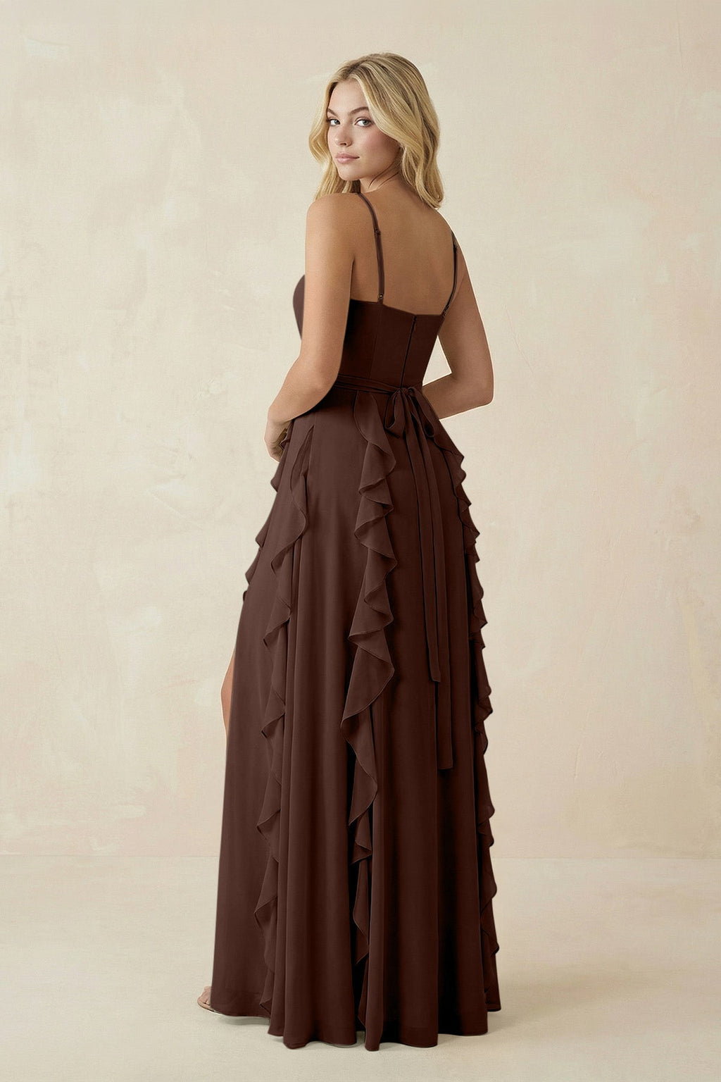 Tiered Ruffle A - Line Chiffon Bridesmaid Dress in Espresso - SHE IS ME Bridesmaid Dresses
