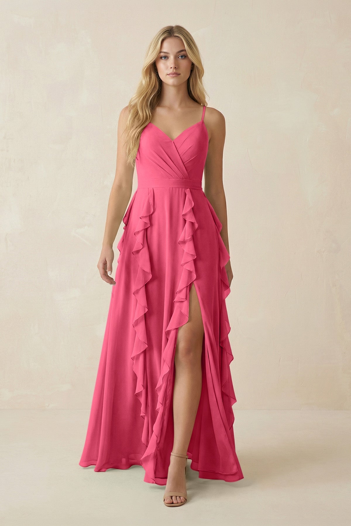 Tiered Ruffle A - Line Chiffon Bridesmaid Dress in Fuchsia - SHE IS ME Bridesmaid Dresses
