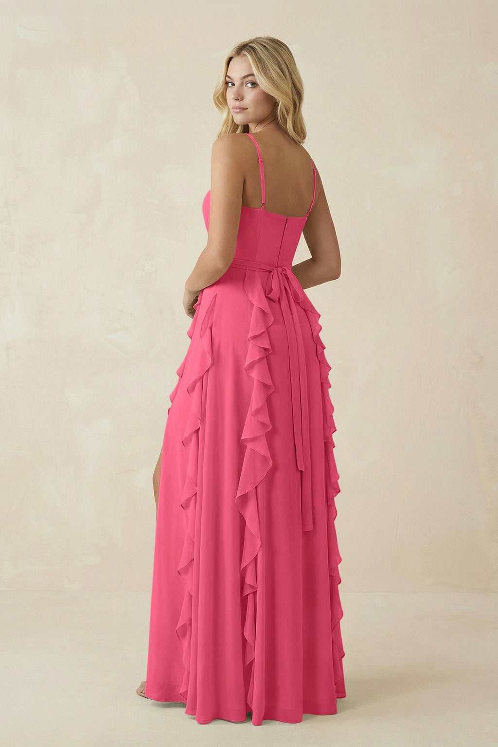 Tiered Ruffle A - Line Chiffon Bridesmaid Dress in Fuchsia - SHE IS ME Bridesmaid Dresses