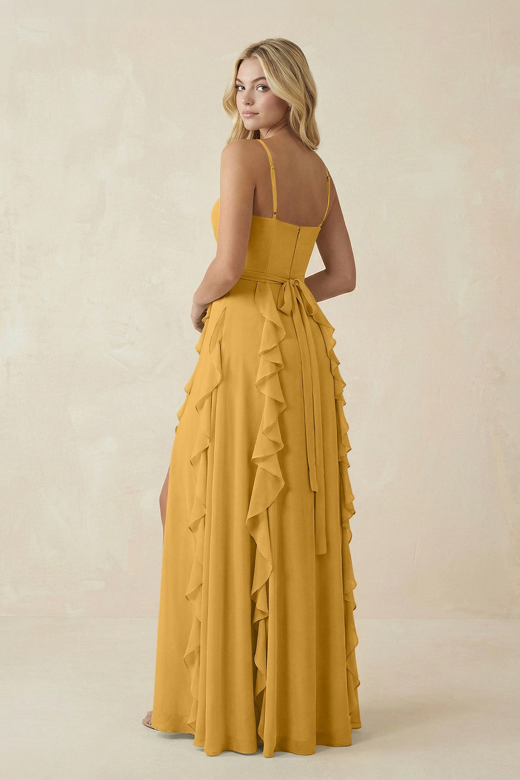 Tiered Ruffle A - Line Chiffon Bridesmaid Dress in Marigold - SHE IS ME Bridesmaid Dresses