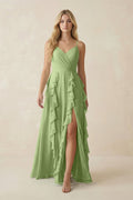 Tiered Ruffle A - Line Chiffon Bridesmaid Dress in Matcha - SHE IS ME Bridesmaid Dresses