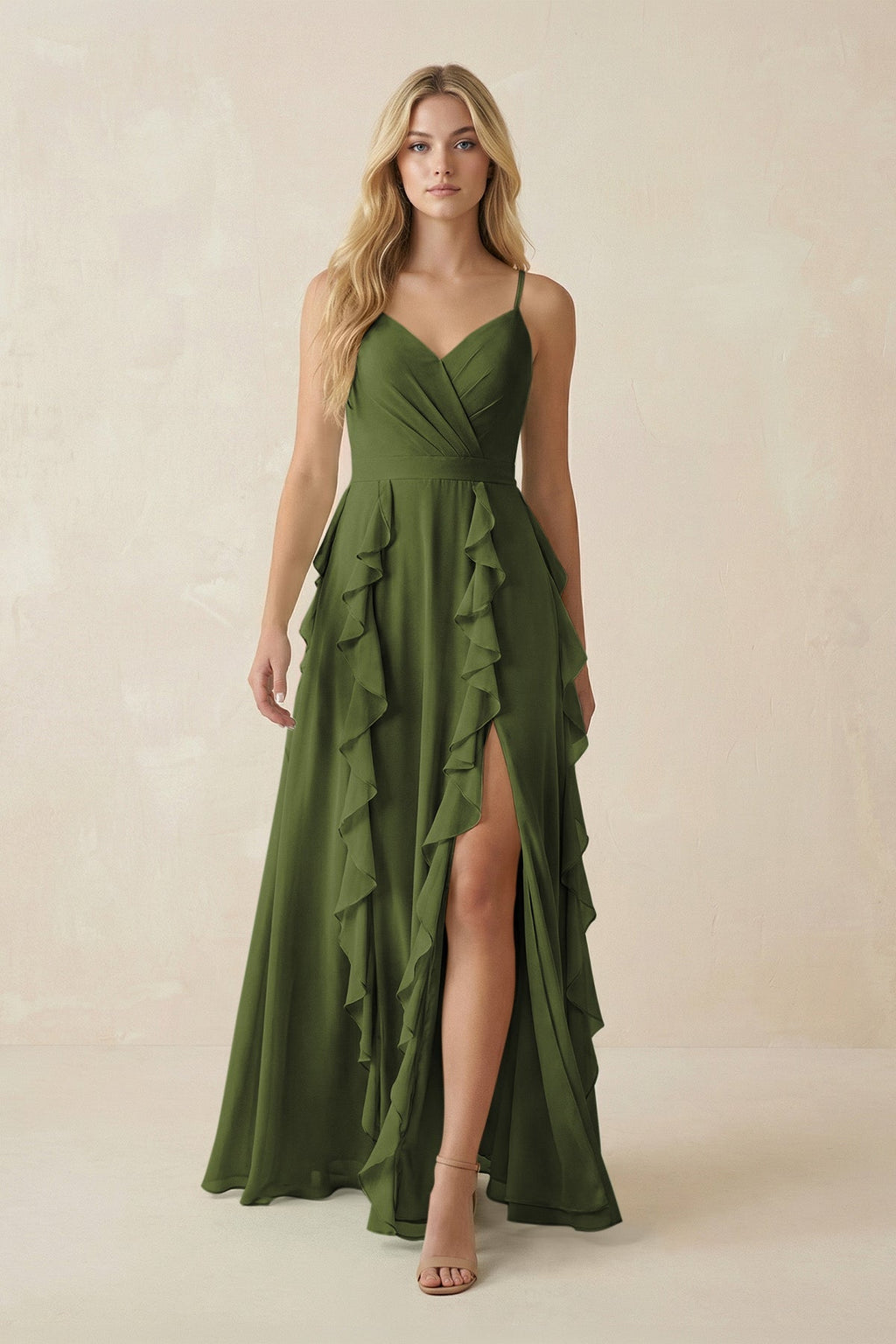 Tiered Ruffle A - Line Chiffon Bridesmaid Dress in Olive - SHE IS ME Bridesmaid Dresses