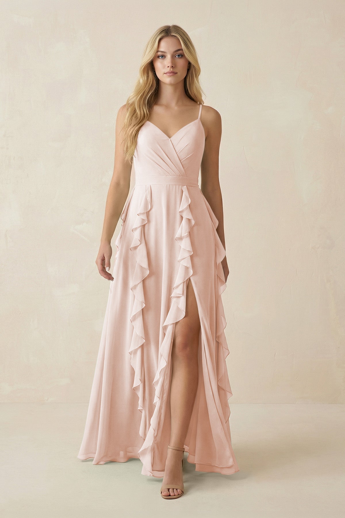 Tiered Ruffle A - Line Chiffon Bridesmaid Dress in Pale Blush - SHE IS ME Bridesmaid Dresses