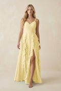 Tiered Ruffle A - Line Chiffon Bridesmaid Dress in Pastel Yellow - SHE IS ME Bridesmaid Dresses