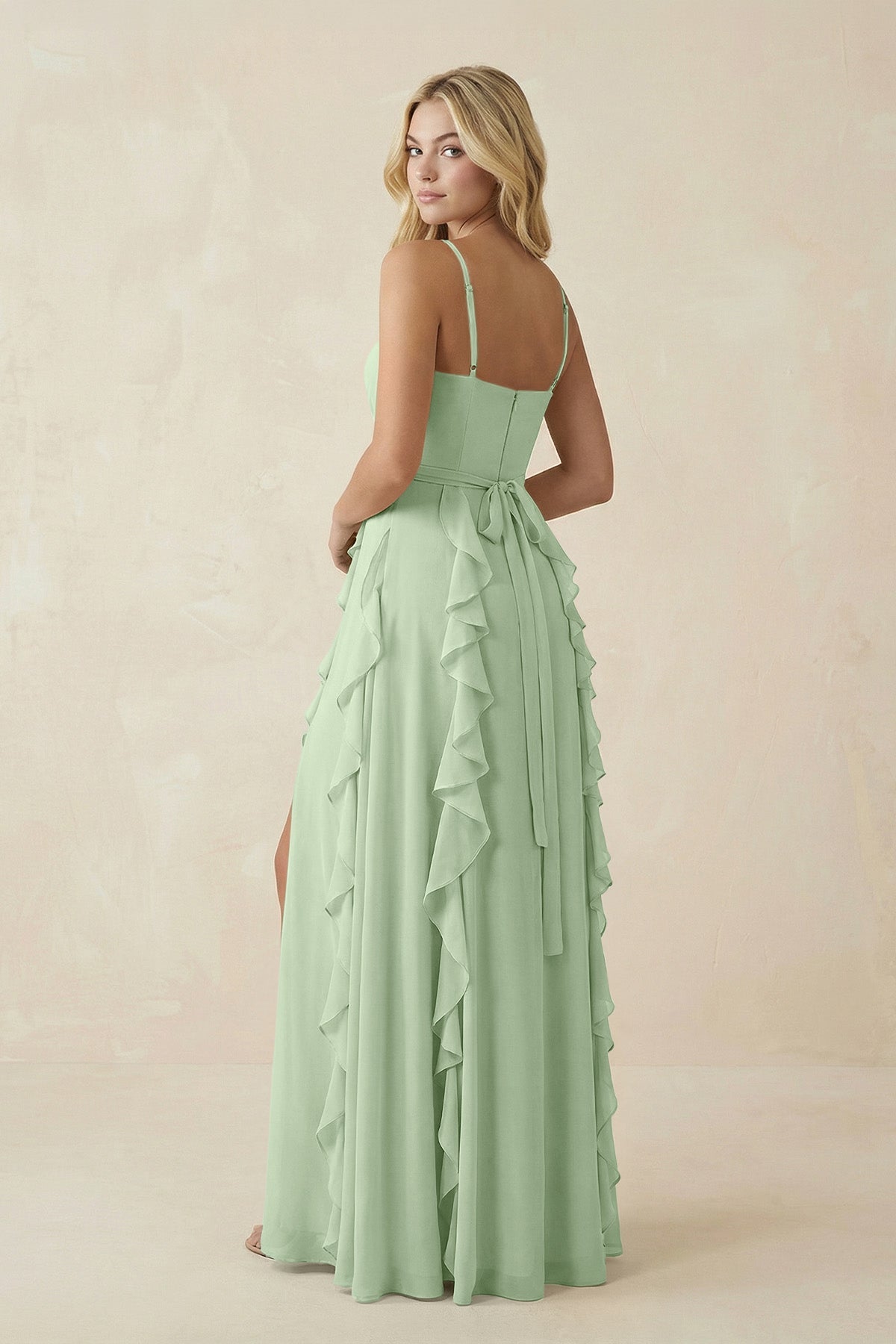 Tiered Ruffle A - Line Chiffon Bridesmaid Dress in Sage - SHE IS ME Bridesmaid Dresses