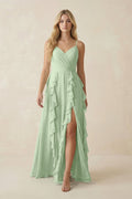 Tiered Ruffle A - Line Chiffon Bridesmaid Dress in Sage - SHE IS ME Bridesmaid Dresses