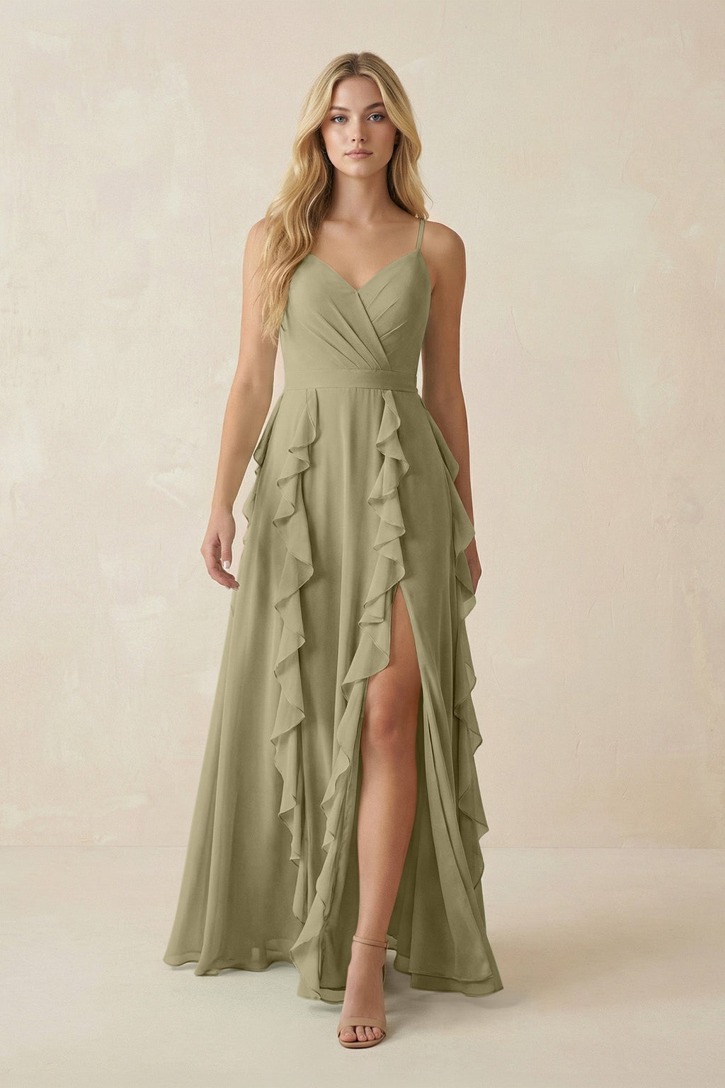 Tiered Ruffle A - Line Chiffon Bridesmaid Dress in Thyme - SHE IS ME Bridesmaid Dresses