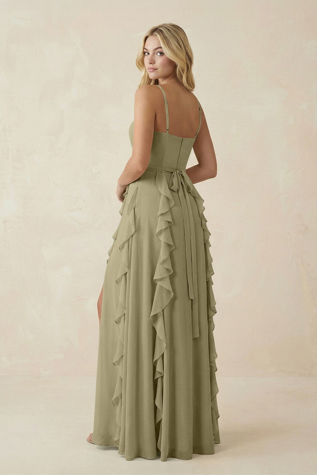 Tiered Ruffle A - Line Chiffon Bridesmaid Dress in Thyme - SHE IS ME Bridesmaid Dresses