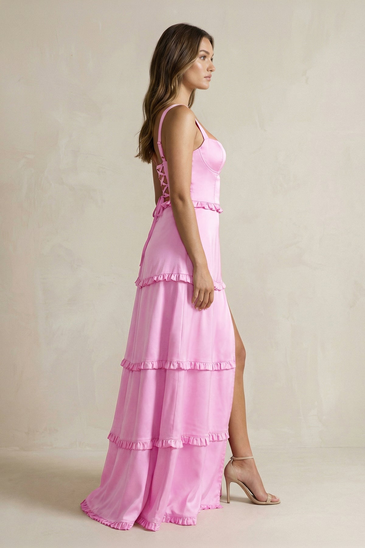 Tiered Ruffled A - Line Bridesmaid Dress With Slit in Pink - SHE IS ME Bridesmaid Dresses