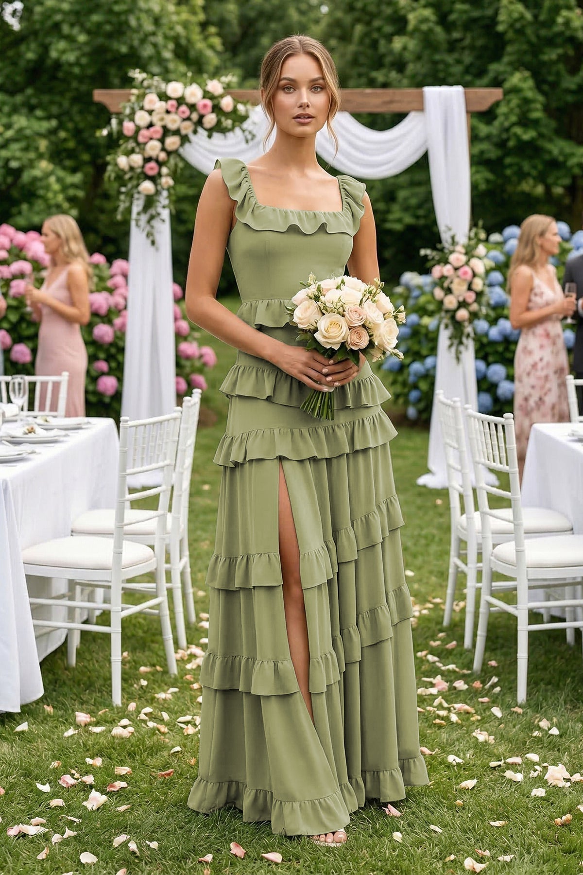 Tiered Square Neck Ruffled A - Line Bridesmaid Dress in Moss Green - SHE IS ME Bridesmaid Dresses