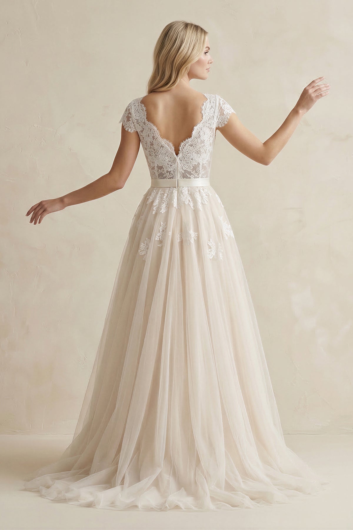 Tulle A - Line Lace Cap Sleeve V - Neck Wedding Dress in Ivory - SHE IS ME Wedding Dresses