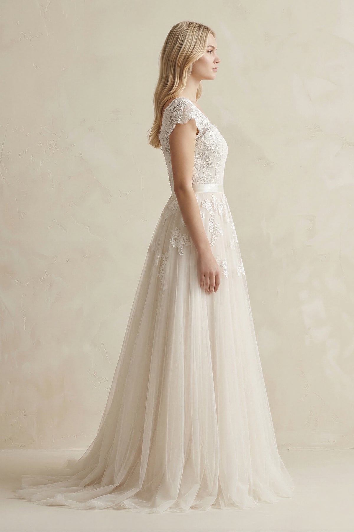 Tulle A - Line Lace Cap Sleeve V - Neck Wedding Dress in Ivory - SHE IS ME Wedding Dresses