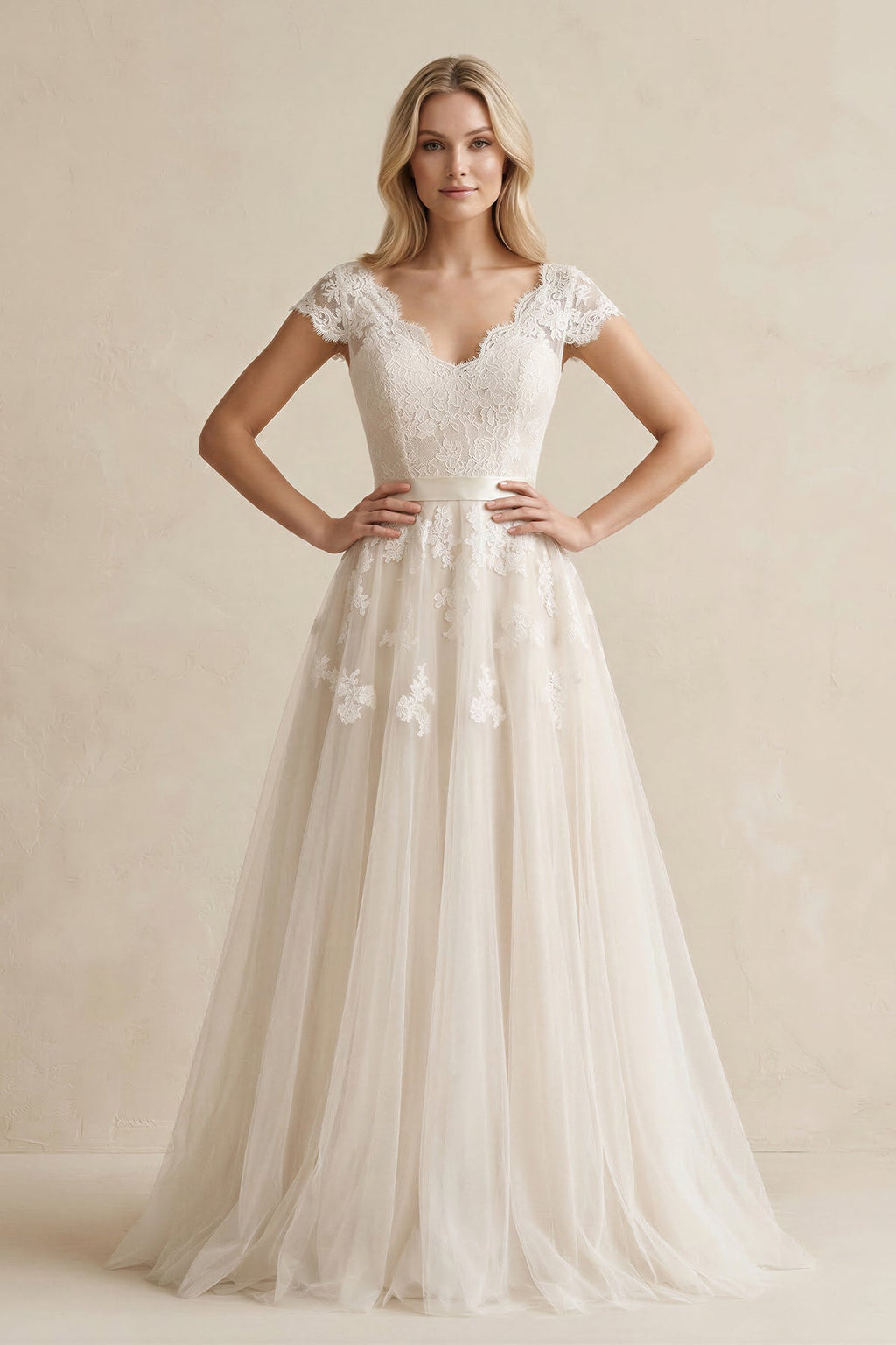 Tulle A - Line Lace Cap Sleeve V - Neck Wedding Dress in Ivory - SHE IS ME Wedding Dresses