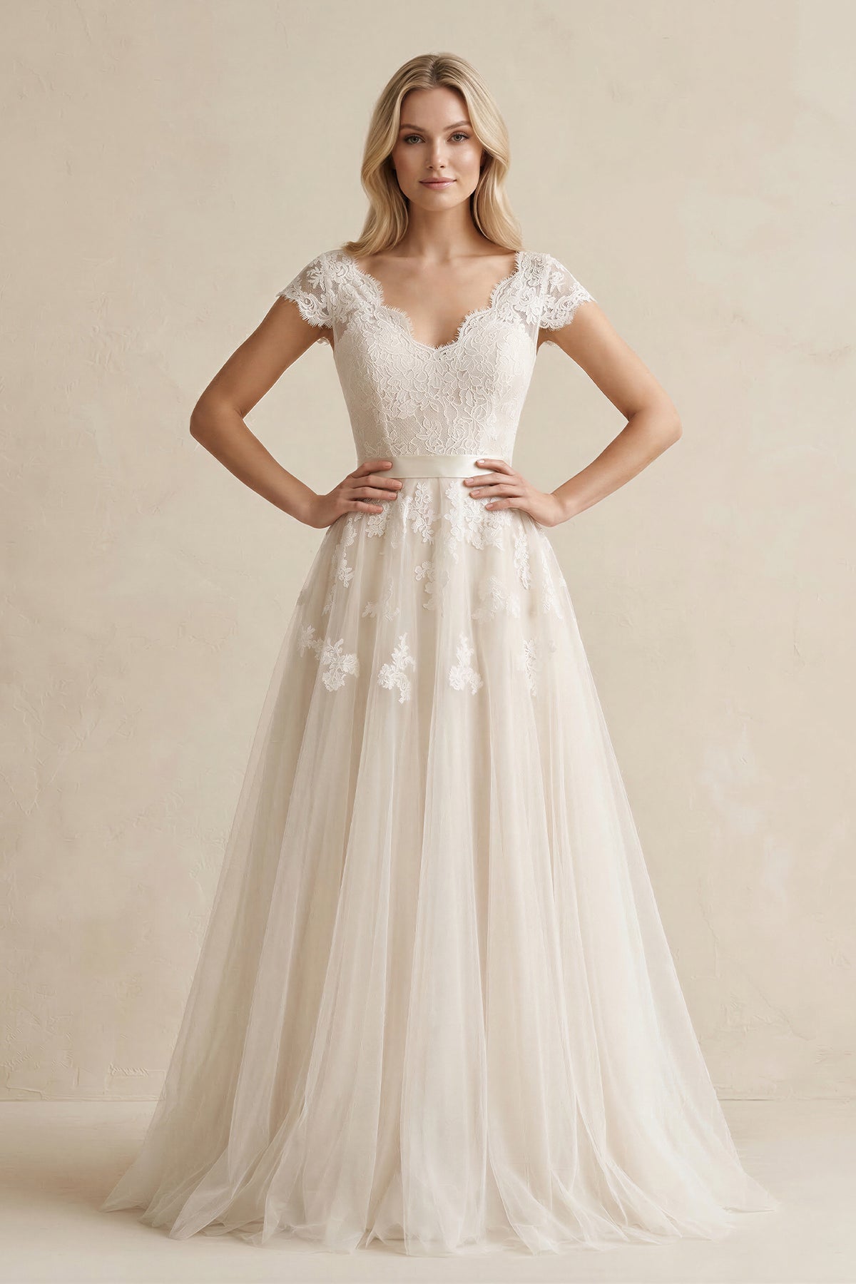 Tulle A - Line Lace Cap Sleeve V - Neck Wedding Dress in Ivory - SHE IS ME Wedding Dresses