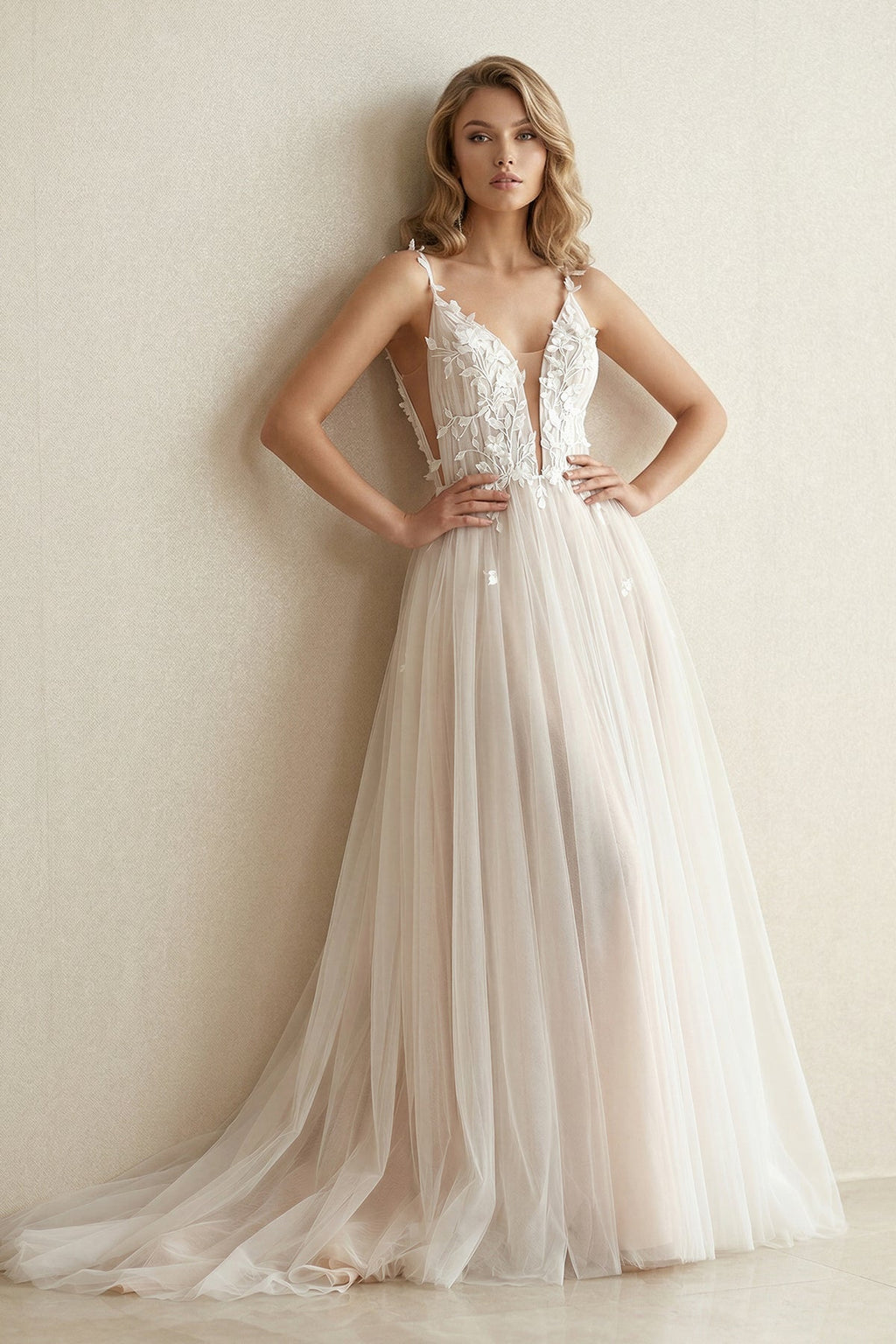 Tulle V - Neck A - Line Appliqued Wedding Dress in Ivory - SHE IS ME Wedding Dresses