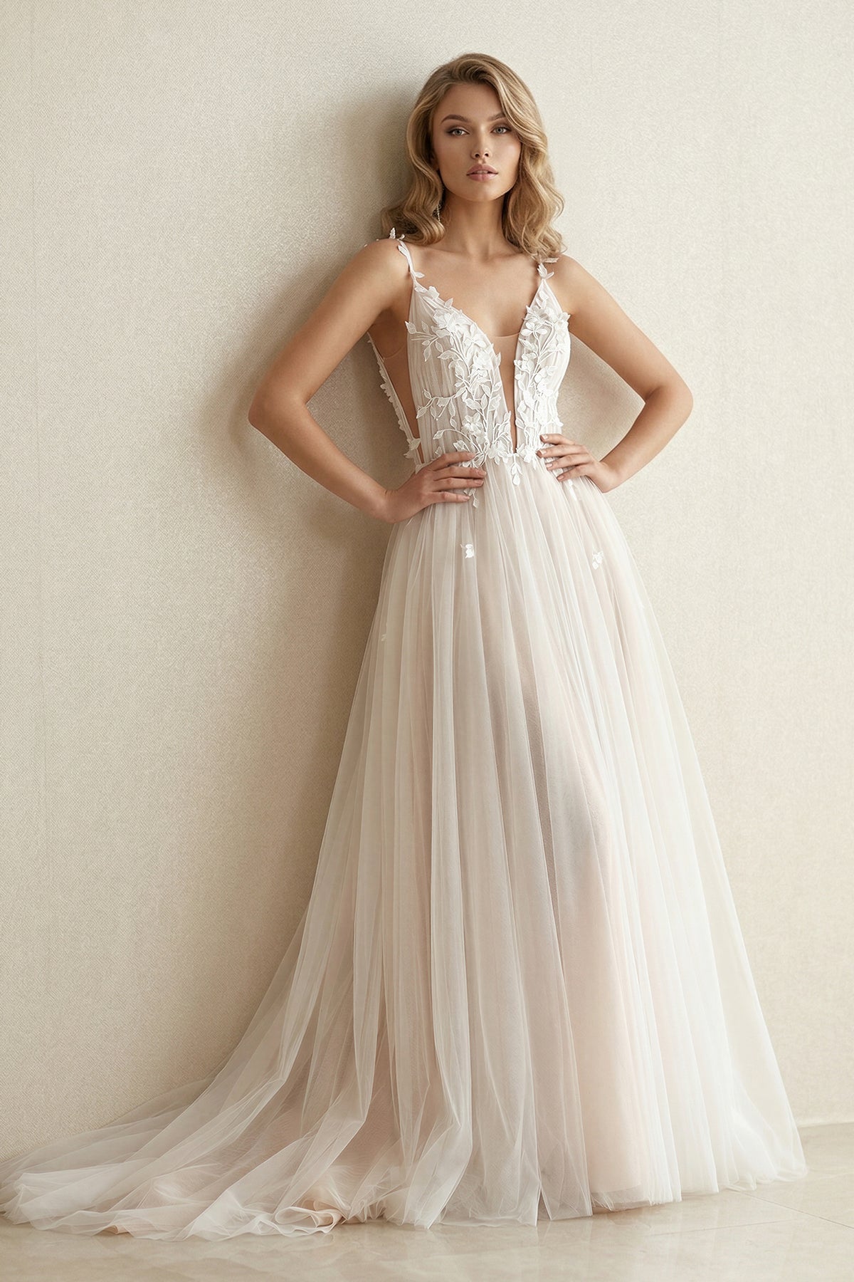 Tulle V - Neck A - Line Appliqued Wedding Dress in Ivory - SHE IS ME Wedding Dresses