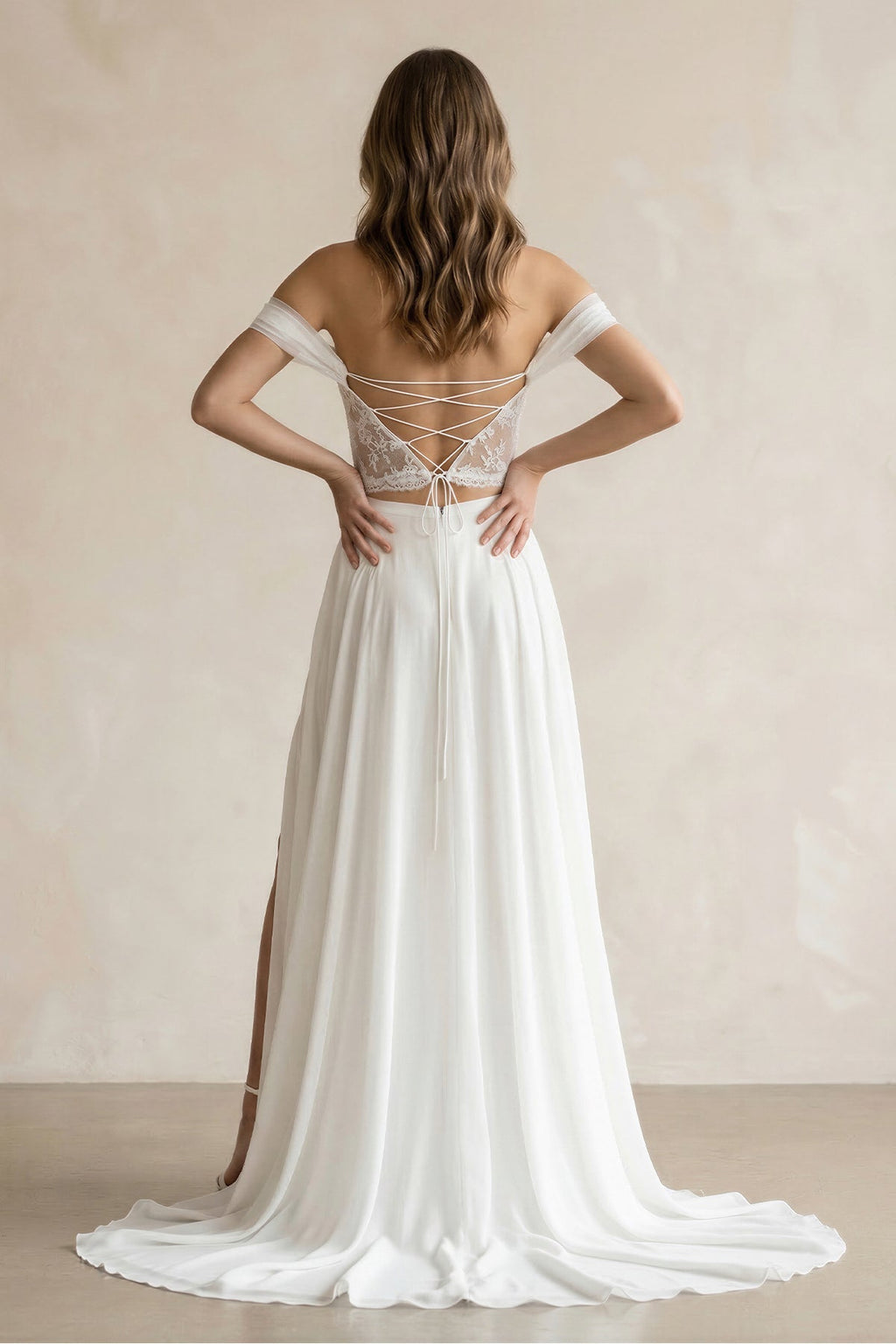 Two - Piece Chiffon Off - the - Shoulder A - Line Wedding Dress in White - SHE IS ME Wedding Dresses