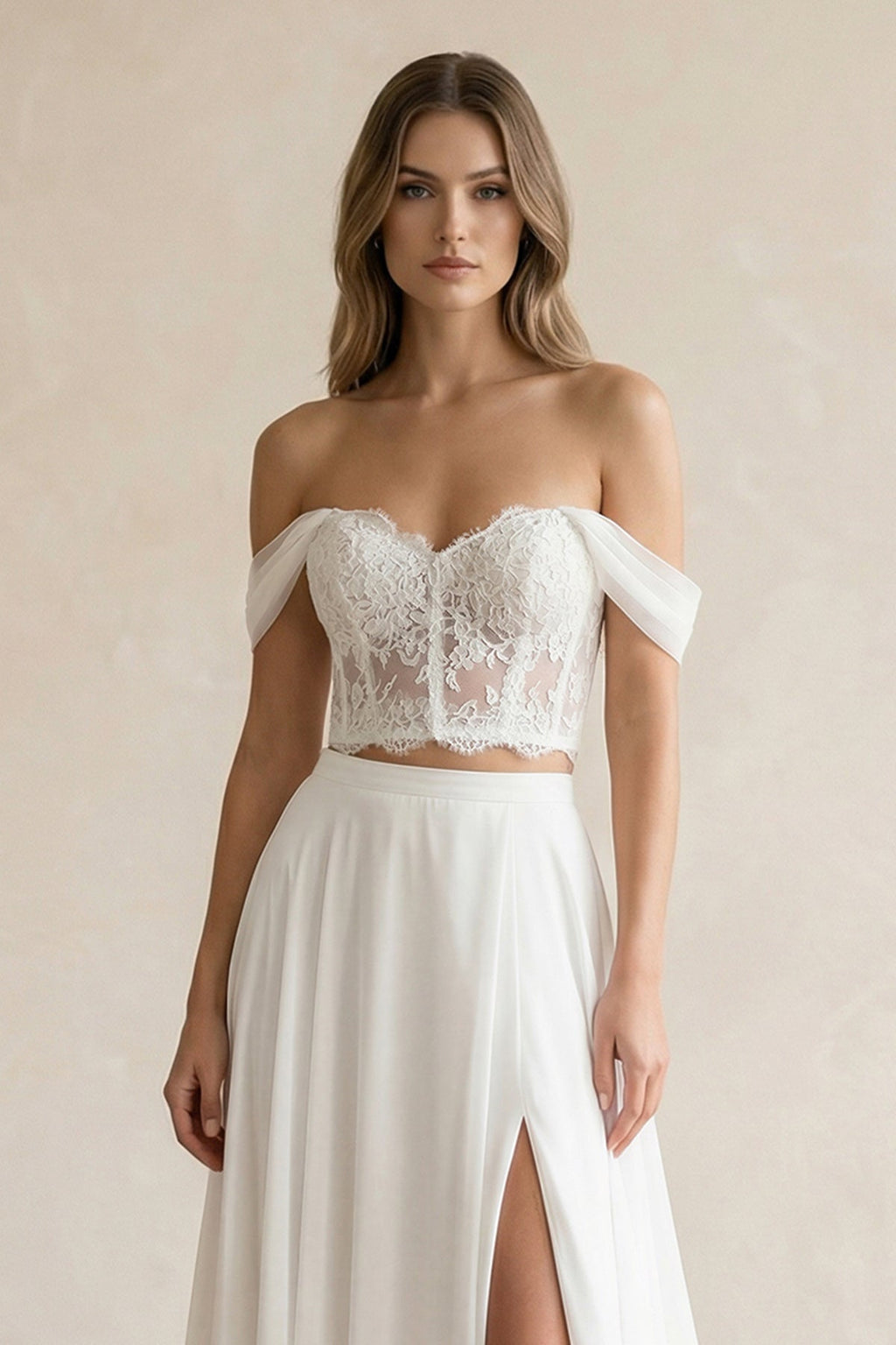 Two - Piece Chiffon Off - the - Shoulder A - Line Wedding Dress in White - SHE IS ME Wedding Dresses