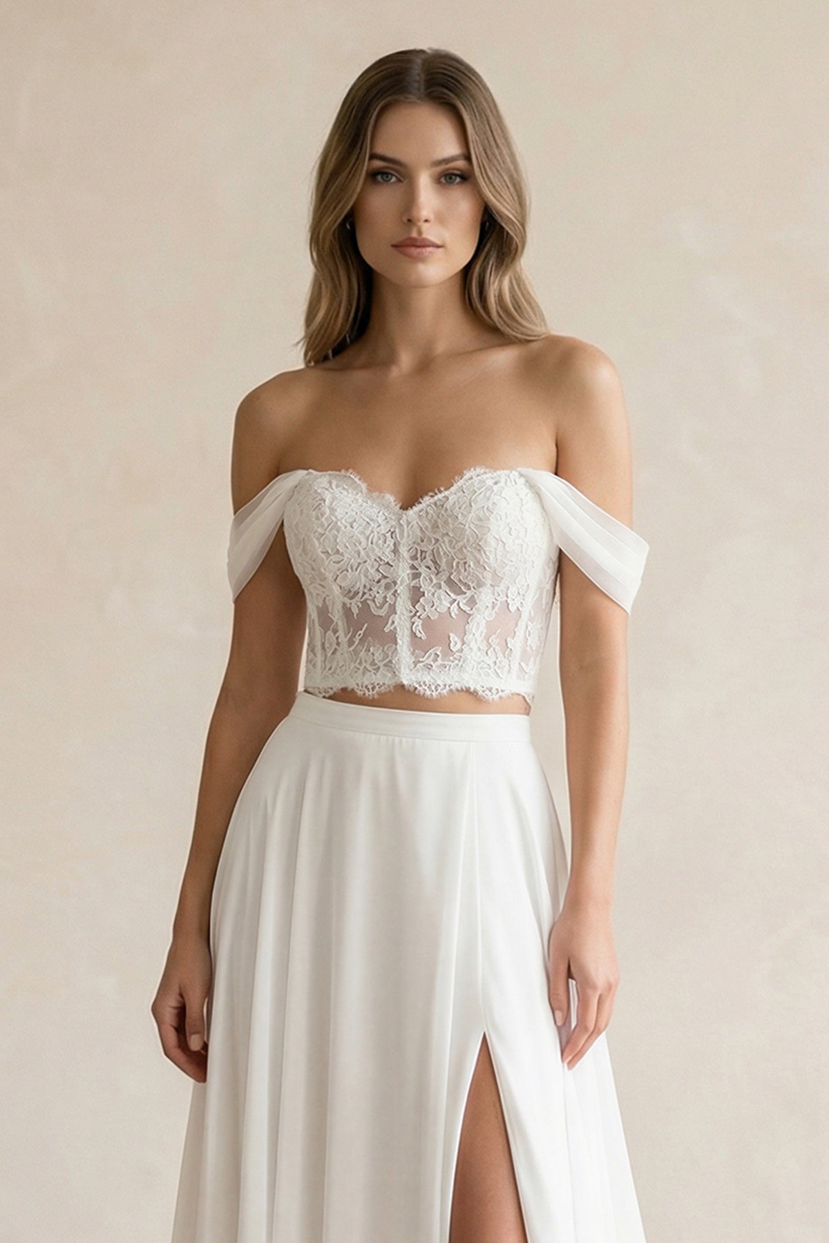 Two - Piece Chiffon Off - the - Shoulder A - Line Wedding Dress in White - SHE IS ME Wedding Dresses