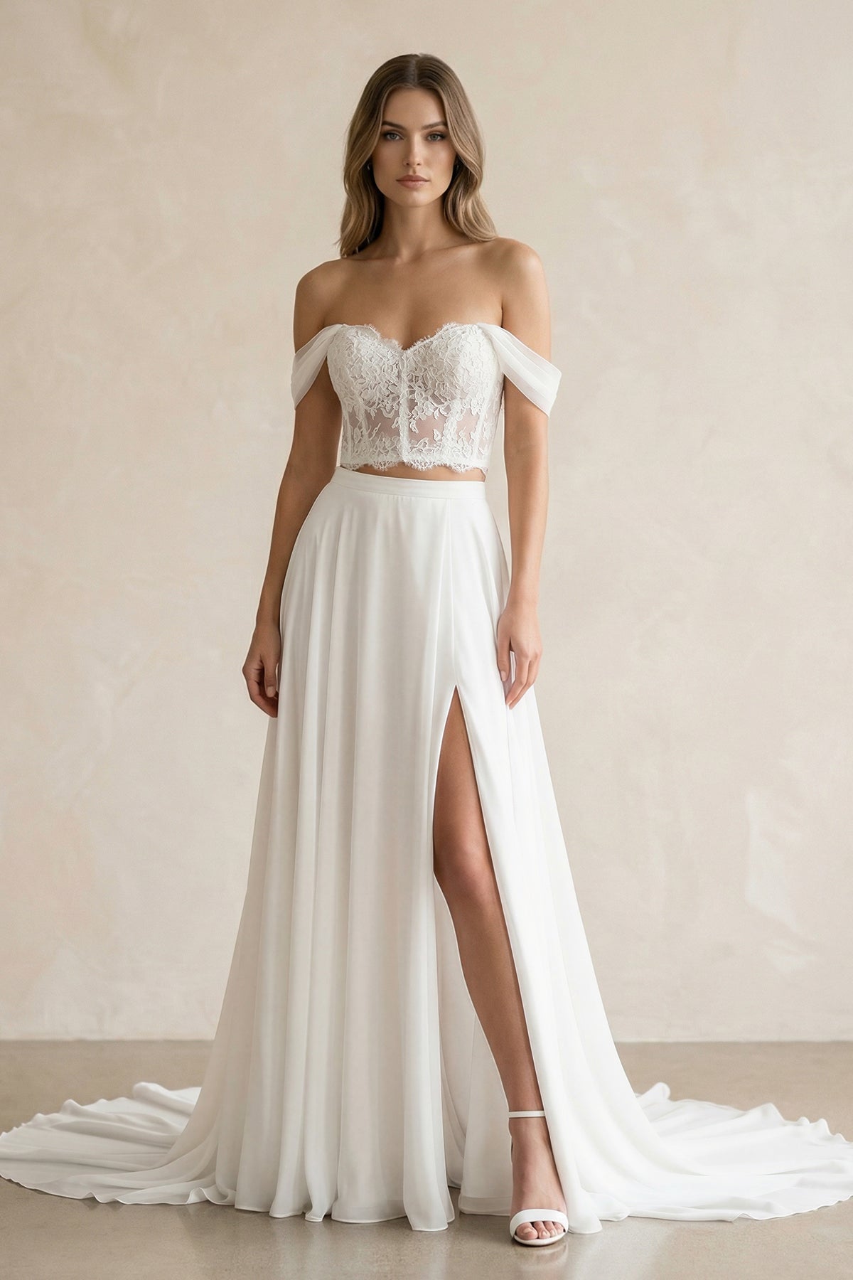 Two - Piece Chiffon Off - the - Shoulder A - Line Wedding Dress in White - SHE IS ME Wedding Dresses