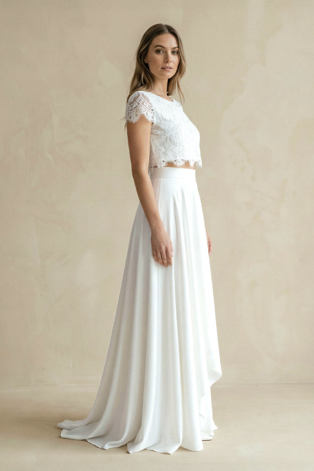 Two - Piece Lace Top High - Low A - Line Wedding Dress - SHE IS ME Wedding Dresses